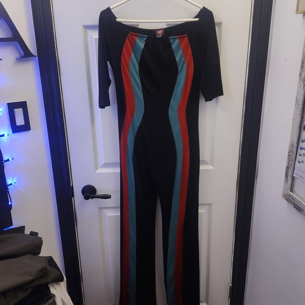 Chic Black Jumpsuit with Red and Blue Stripes